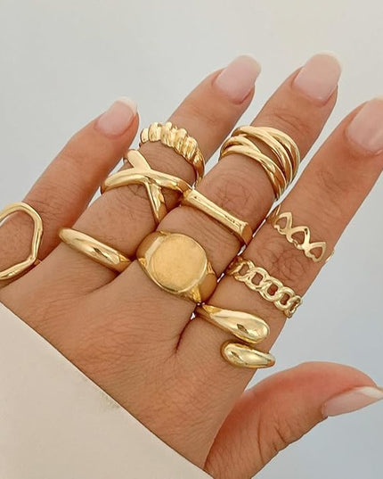 GiftInBox Gold Chunky Rings Set for Women Open Stacking Knuckle Ring Adjustable Round Dome Rings Set Minimalist Irregular Statement Women Ring Jewelry Gift