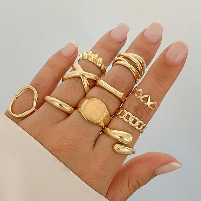 GiftInBox Gold Chunky Rings Set for Women Open Stacking Knuckle Ring Adjustable Round Dome Rings Set Minimalist Irregular Statement Women Ring Jewelry Gift