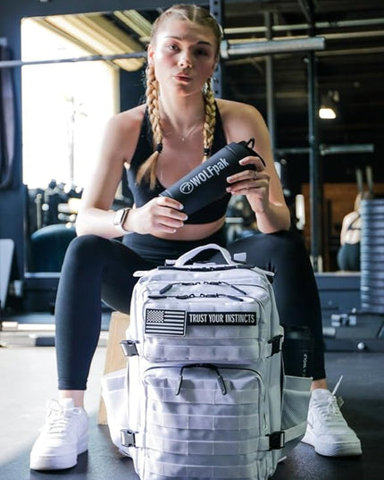 WOLFpak 35L Athletic Gym Backpack - Durable 1000D Waterproof Oxford Material with MOLLE Webbing, Laptop Pocket & Dual Cup Holders, Durable Fitness/Travel/Military Daypack (Polar White)
