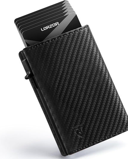 LORZOR Wallet for Men with Metal Card Holder, Pop Up Wallet, Finest Full Grain Leather Trifold Wallet, Smart, Minimalist, RFID Blocking, Front Pocket, ID Window