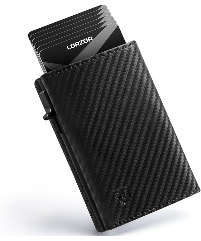 LORZOR Wallet for Men with Metal Card Holder, Pop Up Wallet, Finest Full Grain Leather Trifold Wallet, Smart, Minimalist, RFID Blocking, Front Pocket, ID Window