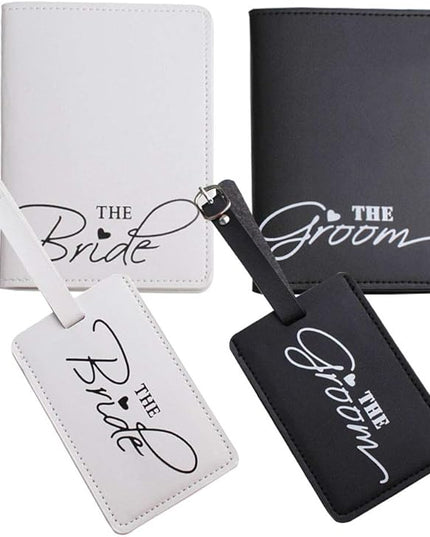 2 Pcs Bride and groom luggage tags + 2 Pcs passport cover, couple passport holder for honeymoon Wedding Bridal Shower Gift