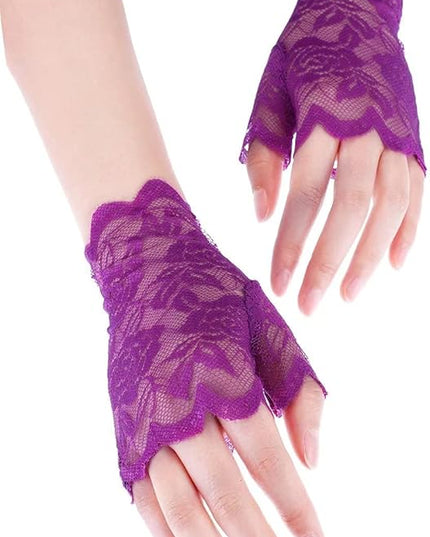 Women's Short Lace Gloves Fingerless for Driving Wedding Wrist Length Bridal Prom Gloves