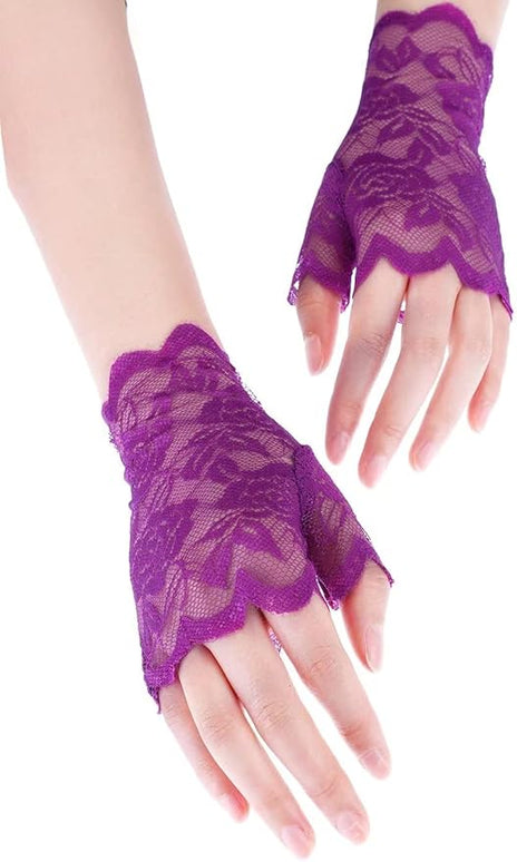 Women's Short Lace Gloves Fingerless for Driving Wedding Wrist Length Bridal Prom Gloves
