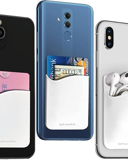 USA Merchant Redesigned Card Holder - Silicone Stick on Cell Phone Wallet with Pocket for Credit Card ID Business Card - iPhone Android & Smartphones (White)