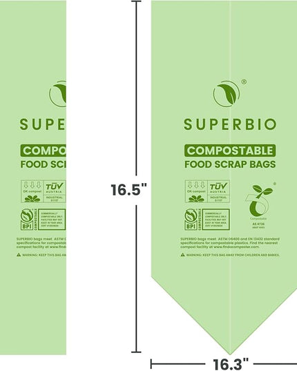 SUPERBIO 2.6 Gallon Compostable Food Waste Bags, 100 Count, 1 Pack, Flat Top Food Scrap Bags， ASTM D6400，Certified by BPI and OK compost INDUSTRIAL,9.84L