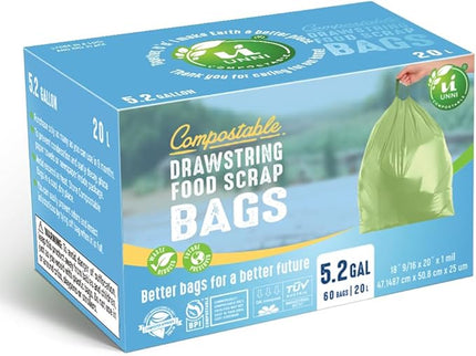 UNNI Compostable Drawstring Bags, 5.2 Gallon, 20 Liter, 60 Count, Heavy Duty 1 Mil, Small Kitchen Food Scrap Waste Bags, ASTM D6400, US BPI, CMA & Europe OK compost Certified, San Francisco