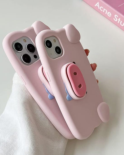 Case Compatible with iPhone 16 Pro Max,Cute 3D Kawaii Funny Pig Stand Cartoon Cover with Keychain Soft Silicone Gel Drop Protector Women Girls