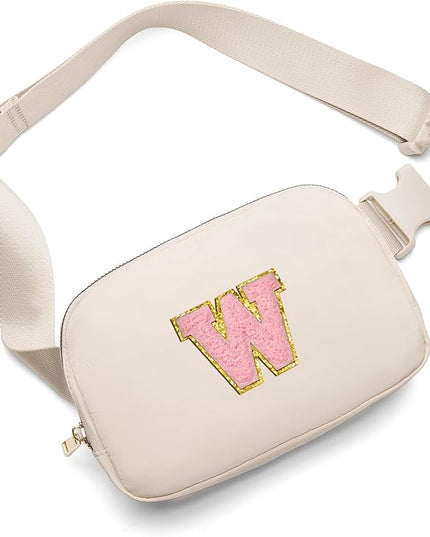 Gitus Belt Bag Fanny Pack Crossbody Bags with Initial Letter Patch Cute Stuff Birthday Gifts for Teenager Girls Trendy Preppy Stuff for Teen Girls(Beige-W)