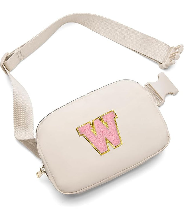 Gitus Belt Bag Fanny Pack Crossbody Bags with Initial Letter Patch Cute Stuff Birthday Gifts for Teenager Girls Trendy Preppy Stuff for Teen Girls(Beige-W)