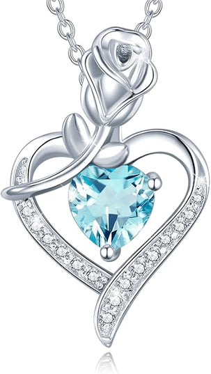 AGVANA Christmas Gifts Rosy Reverie Birthstone Necklace for Women Sterling Silver Genuine or Created Gemstone Rose Flower Heart Pendant Necklace Anniversary Birthday Gifts for Women Mom Wife Her