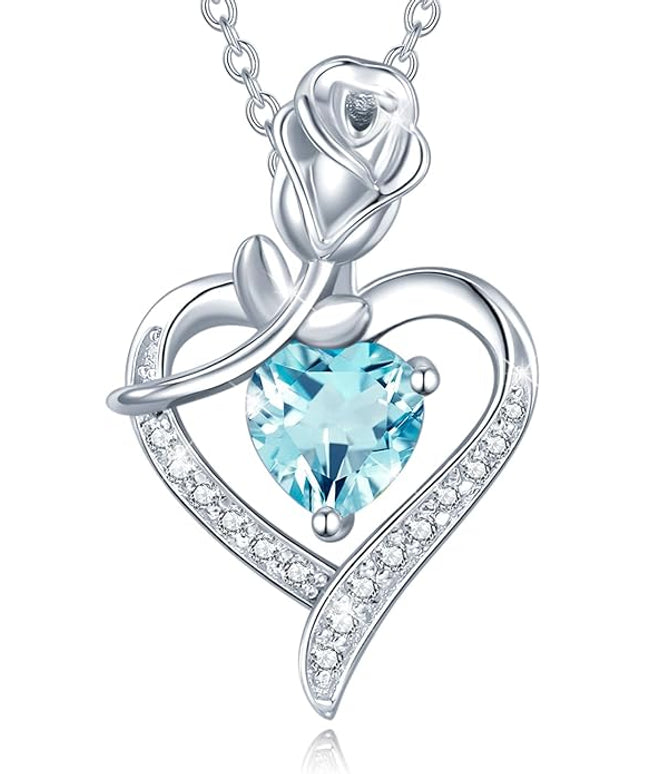 AGVANA Christmas Gifts Rosy Reverie Birthstone Necklace for Women Sterling Silver Genuine or Created Gemstone Rose Flower Heart Pendant Necklace Anniversary Birthday Gifts for Women Mom Wife Her