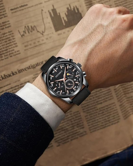 Watches for Men Chronograph Analog Luminous Quartz Watch Blue Black Luxury Genuine Leather Mens Watches Business Sports Waterproof Wristwatch Elegant Gift for Him