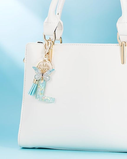 Fashion Alphabet Initial Letter Keychain Tassel Butterfly Pendant Key Ring for Purse Handbags Women Girl