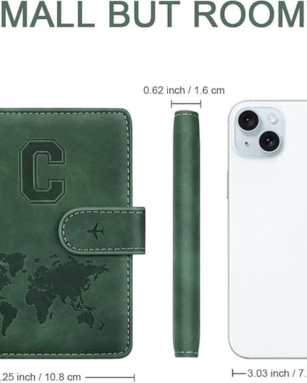 Personalized C Passport Holder Cover Initial Letter Travel Wallet RFID Blocking Passport Cover Credit Card Holder Case Passport Book Holders for Women and Men, Pine Green-C
