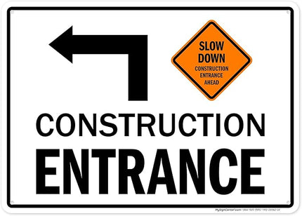 Slow Down Construction Entrance Ahead With Left Arrow Sign, 10x14 Inches, Rust Free .040 Aluminum, Fade Resistant, Made in USA by My Sign Center