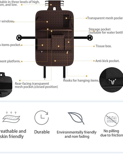 GMQ Back Seat Car Organizer 1 Pack,Backseat Organizer with Tray,Multifunctional Car Seat Back Storage Box with Foldable Tablet Holder (Coffee, Weave)