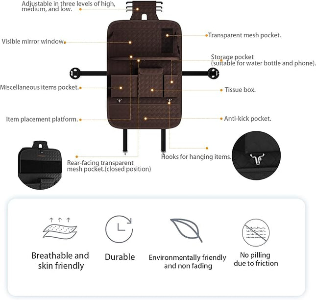 GMQ Back Seat Car Organizer 1 Pack,Backseat Organizer with Tray,Multifunctional Car Seat Back Storage Box with Foldable Tablet Holder (Coffee, Weave)