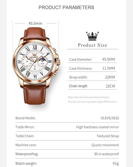 OLEVS Men's Watches Leather Strap Analog Quartz Watch, Fashion Big Dial Date Waterproof Watch, Dress Luxury Luminous Men Watches