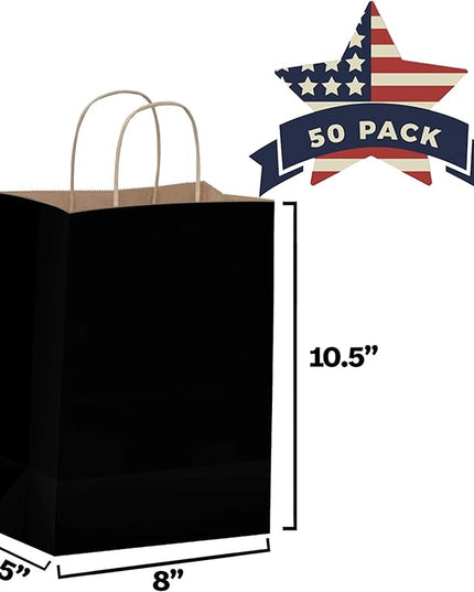 Qutuus Black Paper Gift Bags with Handles 50 Pcs 8x4.5x10 inches Black Kraft Bag with Handles Bulk for Shopping, Party Favor, Retails Kraft Paper Bags