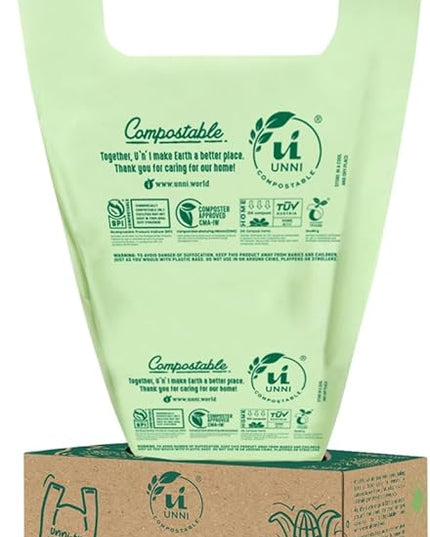 UNNI Compostable T-Shirt Bags with Tie Handles, 4 Gallon / 15 Liter, 30 Count, 0.71 mil Small Kitchen Compost Liners, Certified by BPI, CMA & OK compost HOME, Meets ASTM D6400