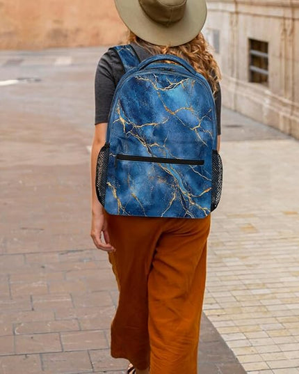 Large Backpack with 15.6 Inch Laptop Compartment, Blue Marble with Gold Veins Texture Adult Backpack for Work, Travel & School College Boys Girls