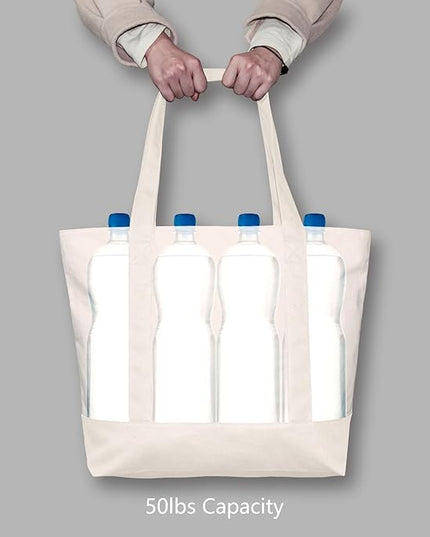 TOPDesign 1-Pack Canvas Tote Bag with an External Pocket, Reusable Grocery Shopping Bag, Top Zipper Closure, Daily Essentials (Natural)
