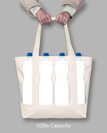 TOPDesign 3-Pack Canvas Tote Bags with an External Pocket, Reusable Grocery Shopping Bags, Top Zipper Closure, Daily Essentials (Natural)
