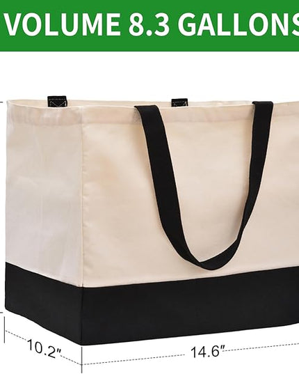 3 Pack Canvas Reusable Grocery Bags Heavy Duty, 8.3 gal Foldable Large Canvas Tote Bag with Handles, Holds 60 lbs Canvas Shopping Bags & Washable Eco-friendly Bags with 5 Pockets, Off white Black
