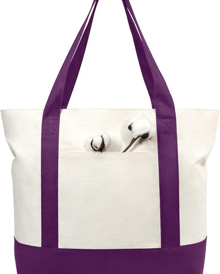 TOPDesign 1-Pack Canvas Tote Bag with an External Pocket, Reusable Grocery Shopping Bag, Top Zipper Closure, Daily Essentials (Purple/Natural)