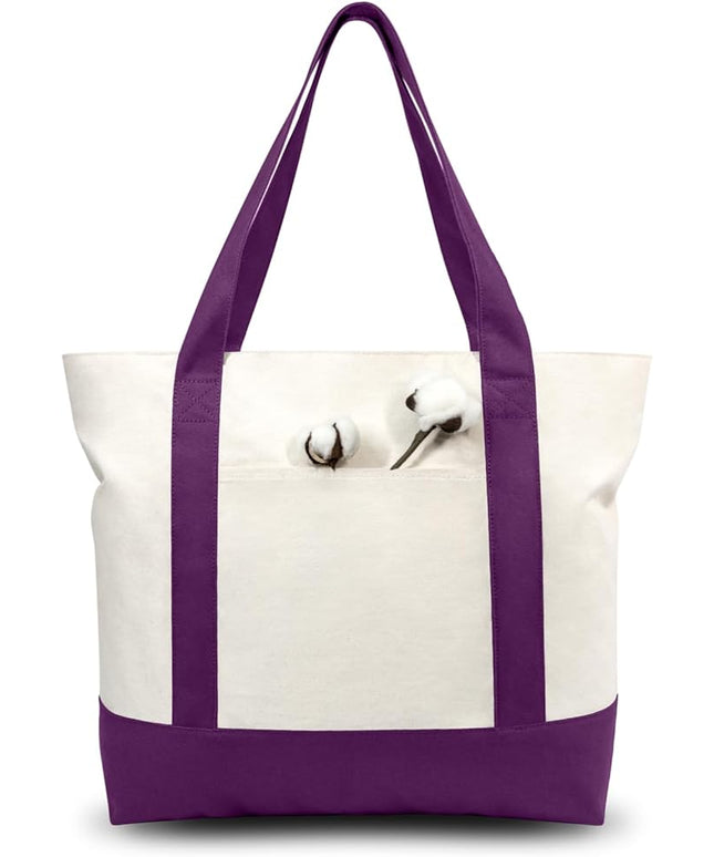 TOPDesign 1-Pack Canvas Tote Bag with an External Pocket, Reusable Grocery Shopping Bag, Top Zipper Closure, Daily Essentials (Purple/Natural)