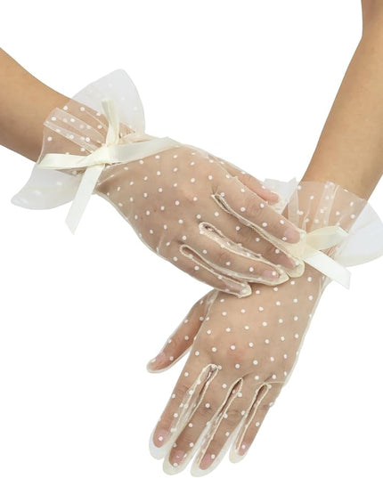 Women's Short Lace Gloves with Bow Ruffles Lace Tea Party Gloves for Wedding Costume Evening Dinner Party