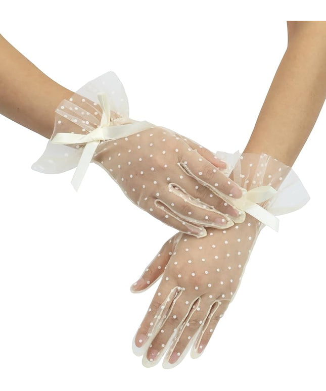 Women's Short Lace Gloves with Bow Ruffles Lace Tea Party Gloves for Wedding Costume Evening Dinner Party