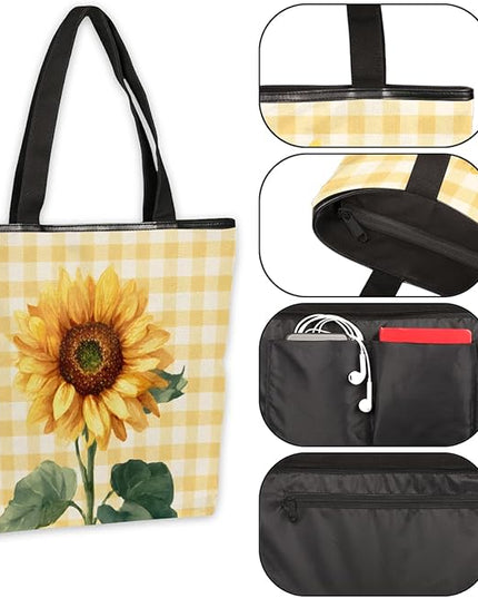 Pardick Canvas Tote Bags, Sunflower Tote Bag Eco Friendly Reusable Grocery Shopping Bagsfor Beach, Books, Women with Zipper Inner Pocket