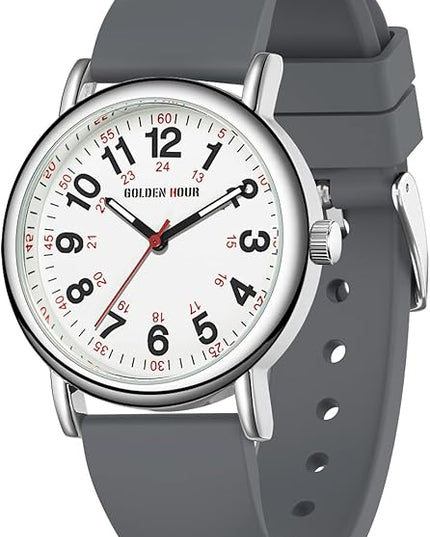 GOLDEN HOUR Waterproof Nurse Watch for Medical Professionals, Students Women Men - Military Time Luminouse Easy Read Dial, 24 Hour with Second Hand, Colorful Silicone Band