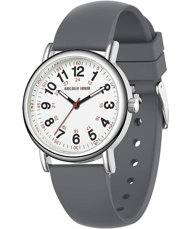 GOLDEN HOUR Waterproof Nurse Watch for Medical Professionals, Students Women Men - Military Time Luminouse Easy Read Dial, 24 Hour with Second Hand, Colorful Silicone Band