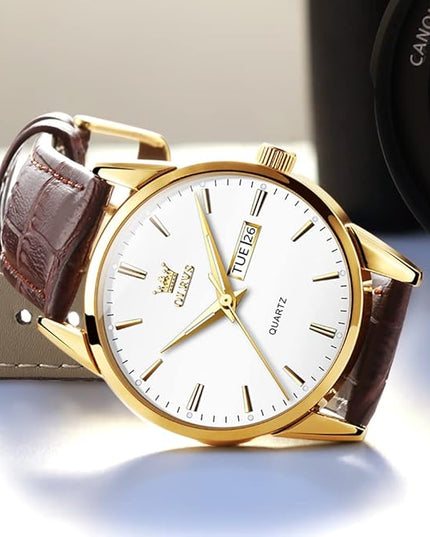 OLEVS Watches for Men Brown Leather Gold Case Analog Quartz Fashion Business Dress Watch Day Date Luminous Waterproof Casual Male Wrist Watches
