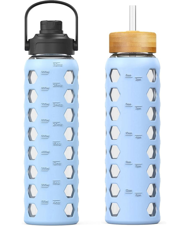 MUKOKO Glass Water Bottles,32oz Glass Tumbler with Straw,Drinking Bottles with 2 Lids-Handle Spout Lid&Bamboo Straw Lid,Motivational Water Bottle with Time Marker and Silicone Sleeve,1 Pack-Glacier