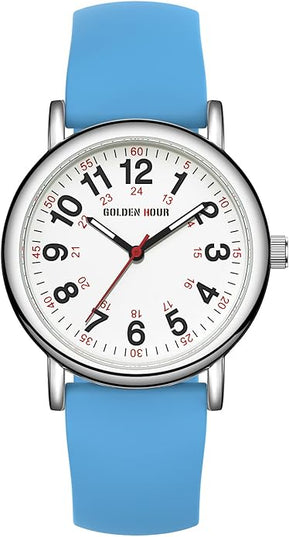 GOLDEN HOUR Waterproof Nurse Watch for Medical Professionals, Students Women Men - Military Time Luminouse Easy Read Dial, 24 Hour with Second Hand, Colorful Silicone Band