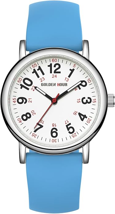 GOLDEN HOUR Waterproof Nurse Watch for Medical Professionals, Students Women Men - Military Time Luminouse Easy Read Dial, 24 Hour with Second Hand, Colorful Silicone Band