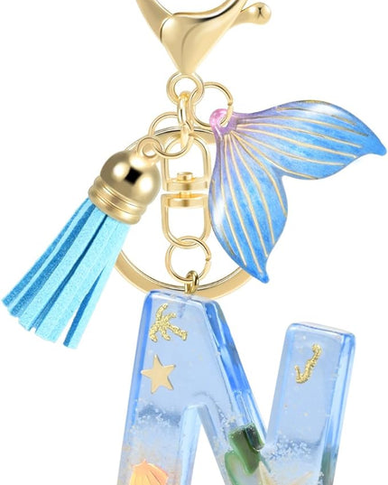 Initial letter Keychains for Women, Ocean Series Avowing Protect Earth Environment, Tassel Cute Car Keychain Initial Key Chain Keyring for Bookbag Handbag Backpack Charm Key Ring Unisex (Letter N)
