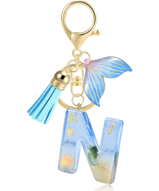 Initial letter Keychains for Women, Ocean Series Avowing Protect Earth Environment, Tassel Cute Car Keychain Initial Key Chain Keyring for Bookbag Handbag Backpack Charm Key Ring Unisex (Letter N)