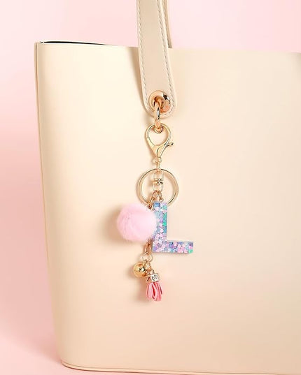 Resin Alphabet Initial Letter Keychain Keyring for Women Purse Handbags With Fur Ball Pom