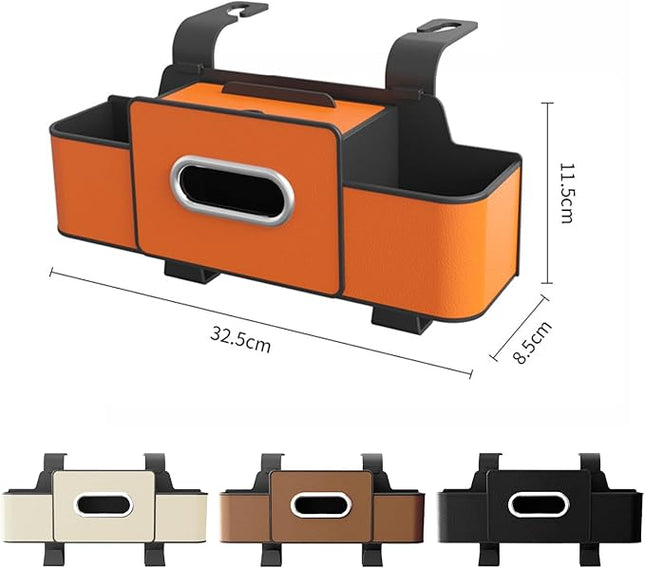 Car Back Seat Organizer with Cup Holder, Car Seat Back Tissue Box and Storage Hook, Multifunctional Car Organizer for Hold Phone,Snacks, Drinks, Handbag, Compatible with Most Vehicles (Brown)