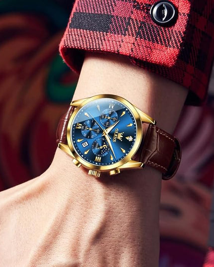 OLEVS Men's Watches Leather Strap Analog Quartz Watch, Fashion Big Dial Date Waterproof Watch, Dress Luxury Luminous Men Watches