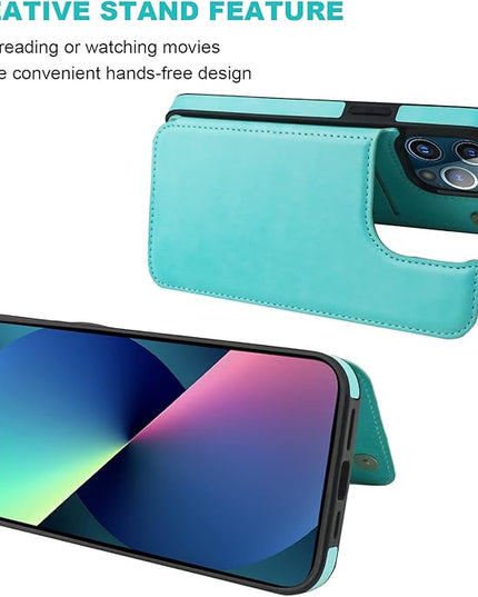 ONETOP Compatible with iPhone 13 Pro Max Wallet Case with Card Holder,PU Leather Kickstand Card Slots Case, Double Magnetic Clasp and Durable Shockproof Cover 6.7 Inch(Light Blue)