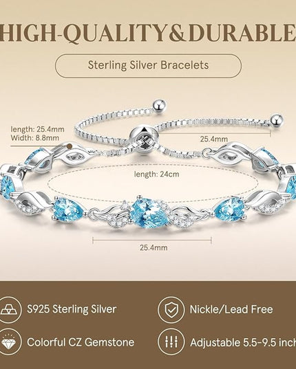 FANCIME Birthstone Teardrop Tennis Bracelet for Women, Sterling Silver 9x7mm main Gemstone Bolo Adjustable Chain Bracelet Fine Jewelry Birthday Gifts for Women Mom Wife Her