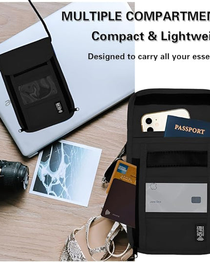 Travel Neck Wallet with RFID Blocking – Passport Holder Organizer Neck Pouch – Portable Easy to Conceal Travel Pouch (PVC Black)