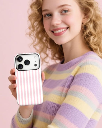 Magnetic for iPhone 17 Pro Max Case Cute Stripes Phone Case, Shockproof Slim TPU and Hard PC Protective Phone Cover Compatible with MagSafe Designed for Women Girls, Pink and White