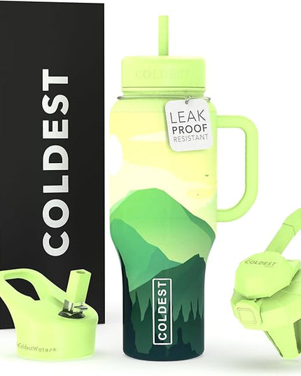 Coldest Tumbler with Handle and Straw - 100% Leak Proof Insulated Tumbler with Lid and Straw (3 Lids) - Stainless Steel Tumblers for Women & Men - Cup Holder Friendly Base, 36 oz (Happy Camper)